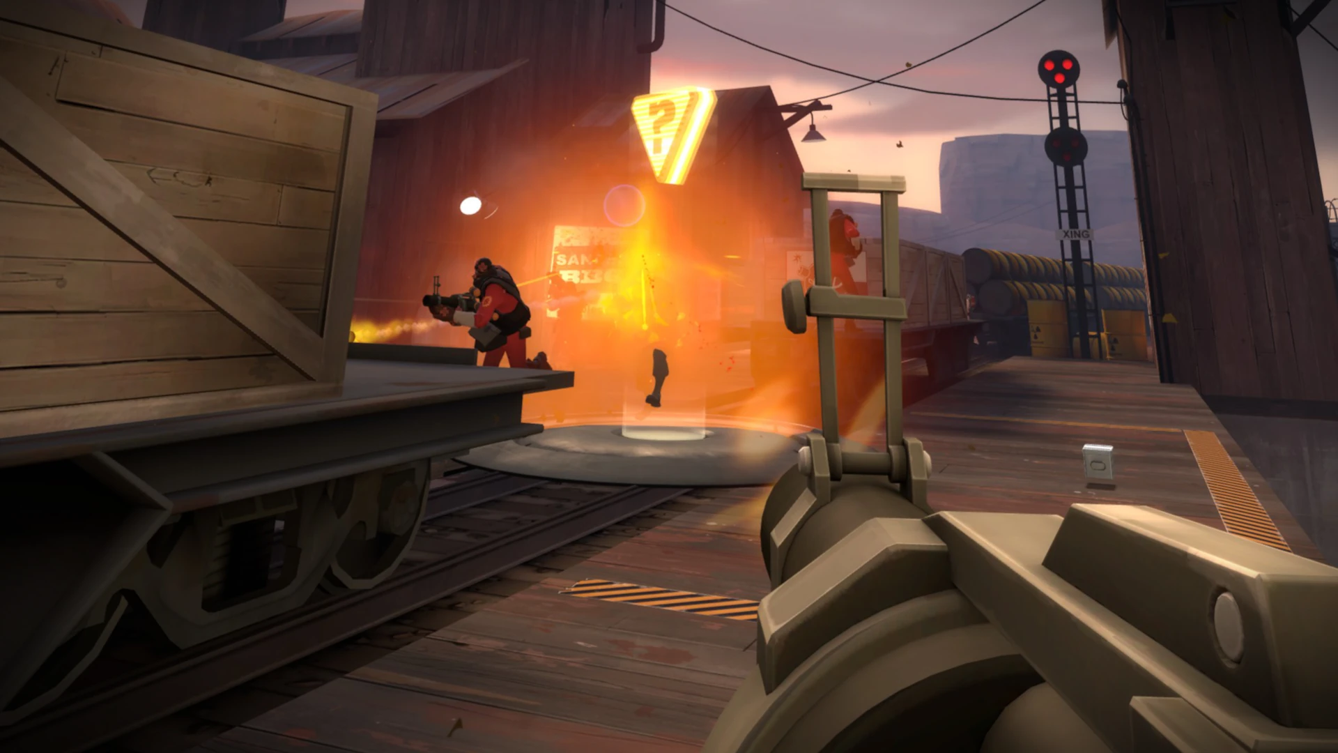 Demoman aiming down sights toward a dusk explosion