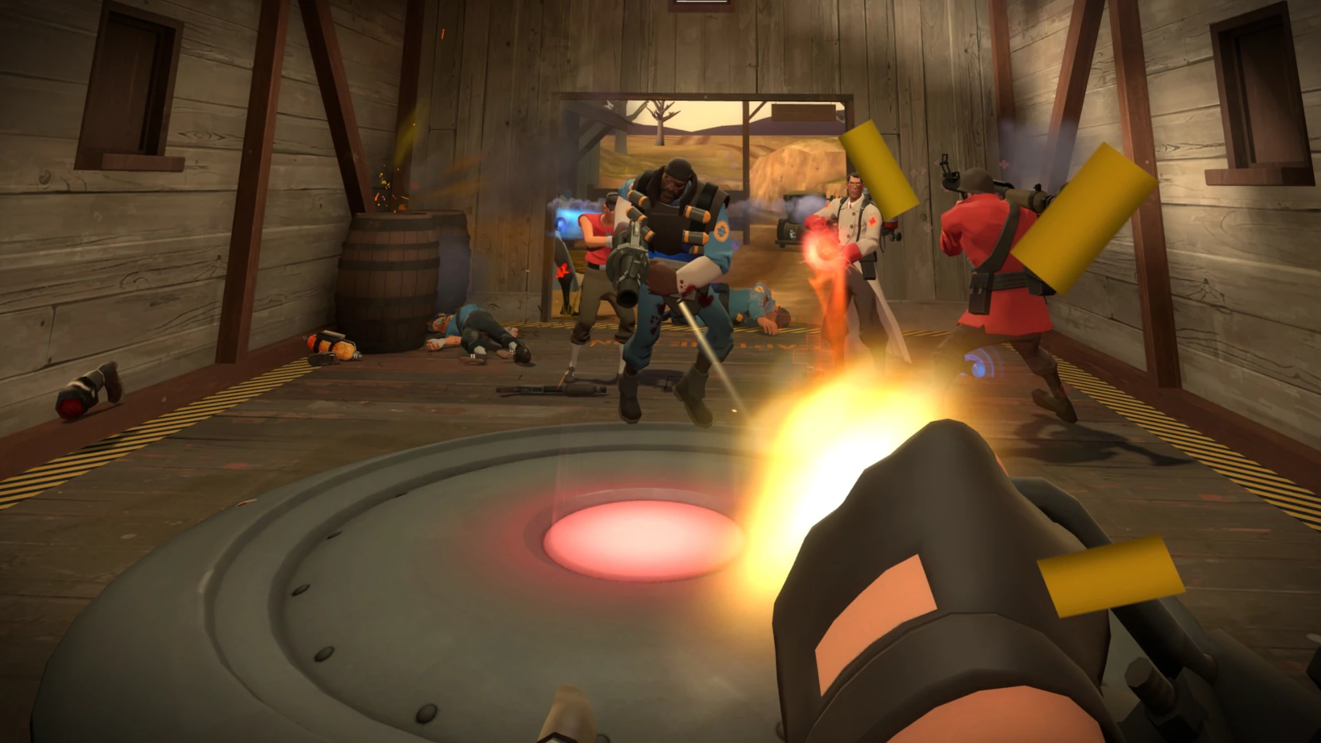 Heavy firing on a capture point inside a wooden barn
