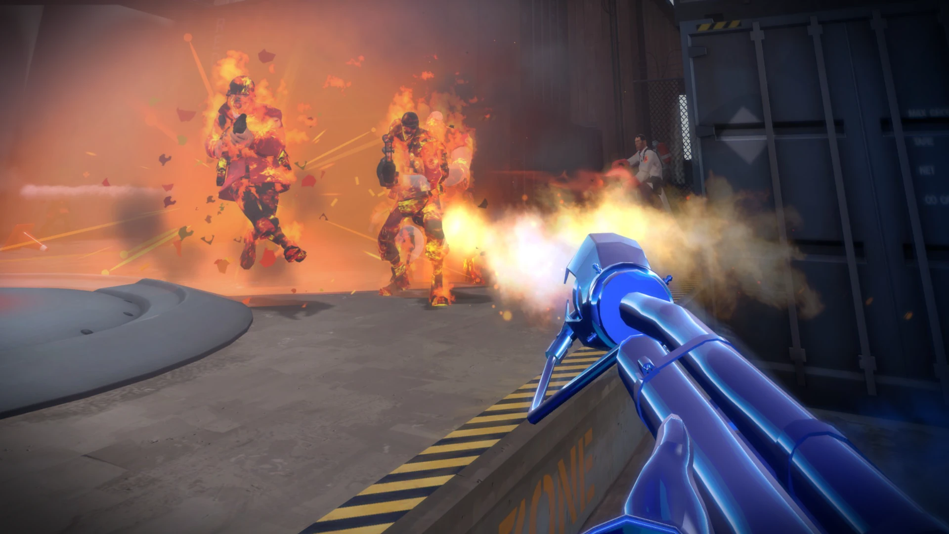 Pyro firing a flamethrower at two burning enemies