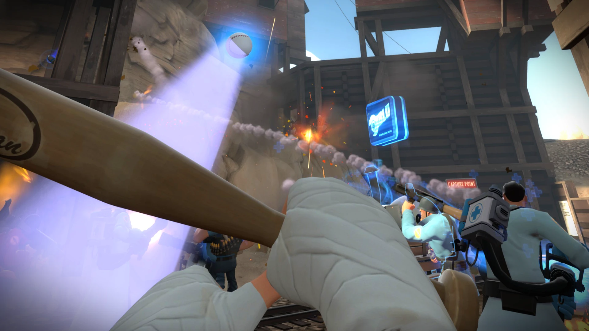First-person Scout swinging a bat in a capture-point fight