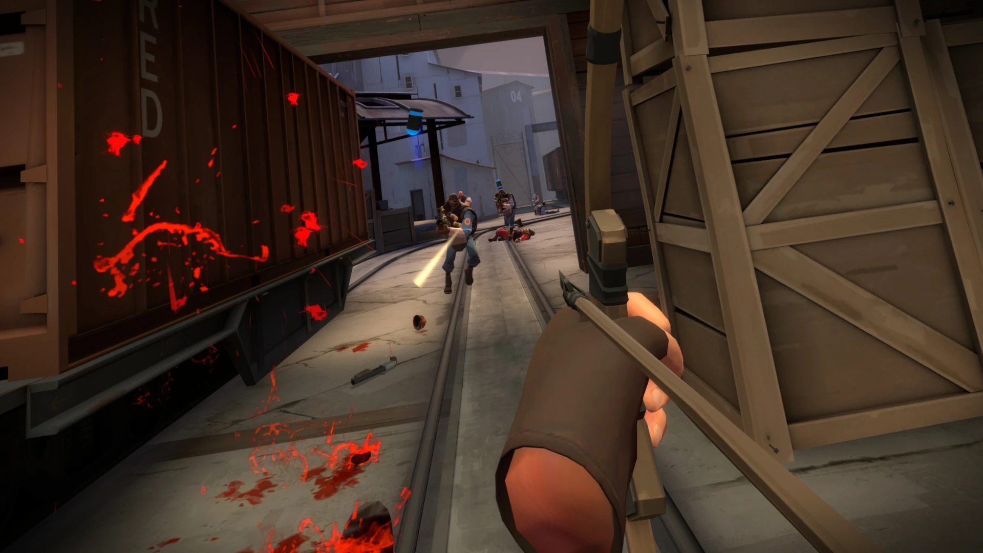 Sniper drawing the Huntsman down a train corridor